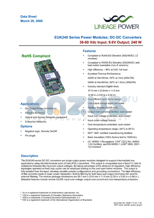 EUK240S9R041Z datasheet - 36 - 60Vdc input; 9.6Vdc Output; 240W