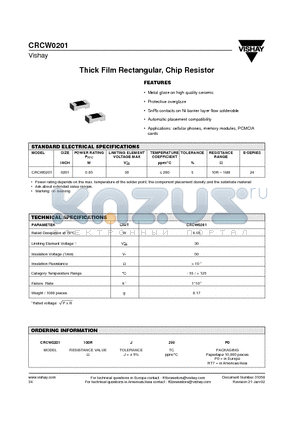 CRCW0201 datasheet - Thick Film Rectangular, Chip Resistor