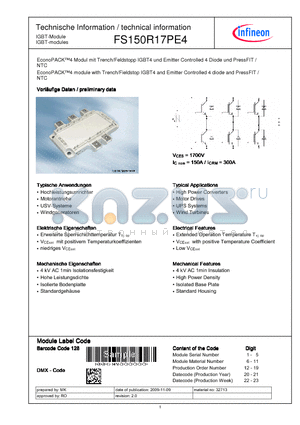 FS150R17PE4 datasheet - EconoPACK4 Modul mit Trench/Feldstopp IGBT4 und Emitter Controlled 4 Diode und PressFIT / NTC