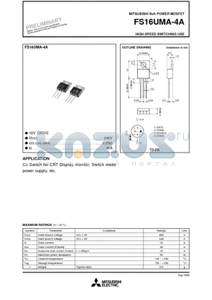 FS16UMA-4A datasheet - Nch POWER MOSFET HIGH-SPEED SWITCHING USE