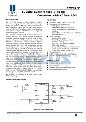 EUP2412 datasheet - 500kHz Synchronous Step-Up Converter with 600mA LDO