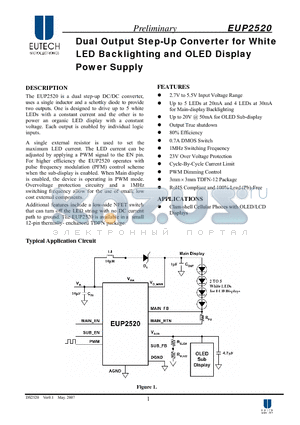 EUP2520 datasheet - Dual Output Step-Up Converter for White LED Backlighting and OLED Display Power Supply