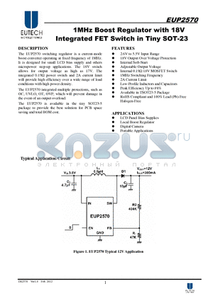 EUP2570 datasheet - 1MHz Boost Regulator with 18V Integrated FET Switch in Tiny SOT-23