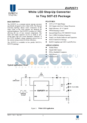 EUP2571VBIR1 datasheet - White LED Step-Up Converter In Tiny SOT-23 Package