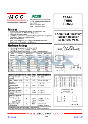 FS1A-L_13 datasheet - 1 Amp Fast Recovery Silicon Rectifier 50 to 1000 Volts