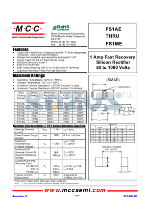 FS1AE datasheet - 1 Amp Fast Recovery Silicon Rectifier 50 to 1000 Volts