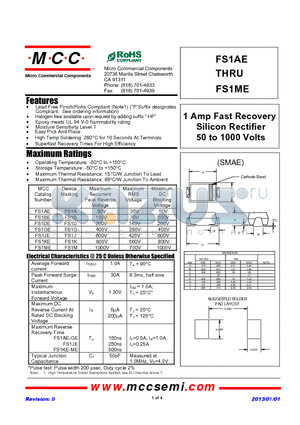 FS1AE_13 datasheet - 1 Amp Fast Recovery Silicon Rectifier 50 to 1000 Volts