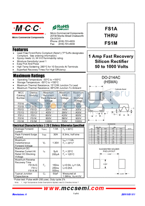 FS1A_11 datasheet - 1 Amp Fast Recovery Silicon Rectifier 50 to 1000 Volts