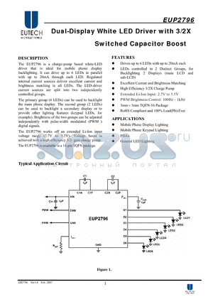 EUP2796JIR1 datasheet - Dual-Display White LED Driver with 3/2X Switched Capacitor Boost