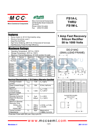 FS1B-L datasheet - 1 Amp Fast Recovery Silicon Rectifier 50 to 1000 Volts