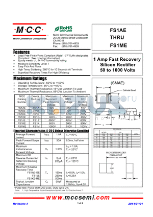 FS1BE datasheet - 1 Amp Fast Recovery Silicon Rectifier 50 to 1000 Volts