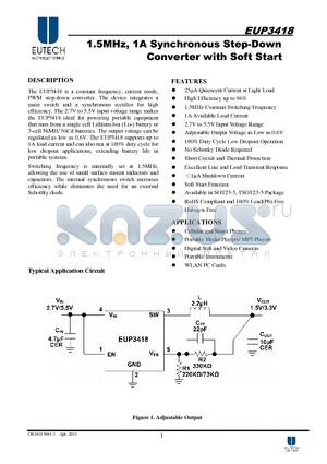 EUP3418 datasheet - 1.5MHz, 1A Synchronous Step-Down Converter with Soft Start