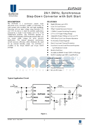 EUP3420 datasheet - 2A/1.5MHz, Synchronous Step-Down Converter with Soft Start