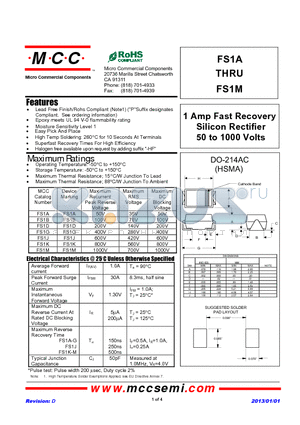 FS1G datasheet - 1 Amp Fast Recovery Silicon Rectifier 50 to 1000 Volts