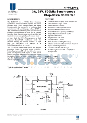 EUP3476A datasheet - 3A, 28V, 500kHz Synchronous Step-Down Converter