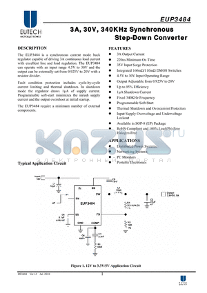 EUP3484 datasheet - 3A, 30V, 340KHz Synchronous Step-Down Converter