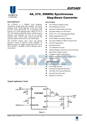 EUP3485 datasheet - 4A, 21V, 500KHz Synchronous Step-Down Converter
