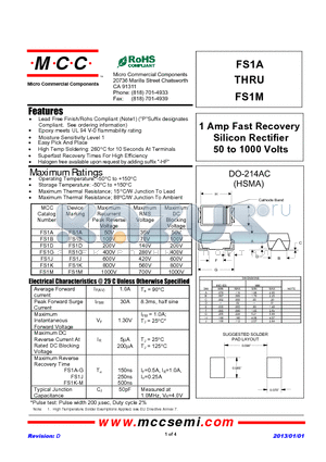 FS1J datasheet - 1 Amp Fast Recovery Silicon Rectifier 50 to 1000 Volts