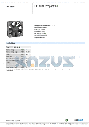 8414NH-221 datasheet - DC axial compact fan