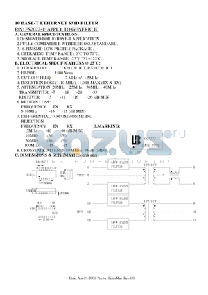 FS2022-1 datasheet - 10 BASE-T ETHERNET SMD FILTER