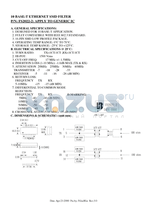 FS2022-2 datasheet - 10 BASE-T ETHERNET SMD FILTER