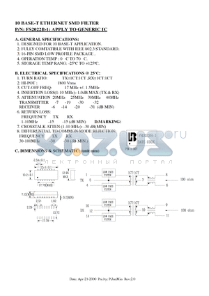 FS2022B-1 datasheet - 10 BASE-T ETHERNET SMD FILTER
