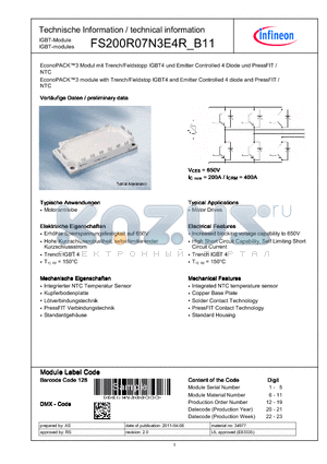 FS200R07N3E4R_B11 datasheet - EconoPACK3 module with Trench/Fieldstop IGBT4 and Emitter Controlled diode and PressFIT / NTC