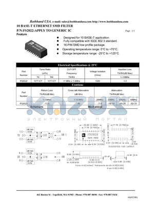 FS2022 datasheet - 10 BASE-T ETHERNET SMD FILTER