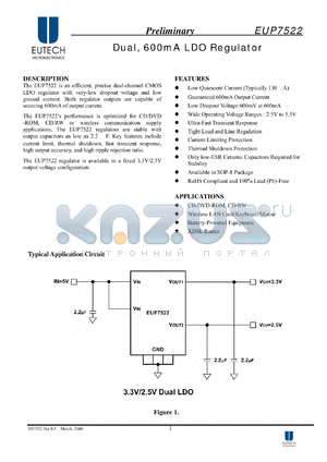 EUP7522-2.5DIR1 datasheet - Dual, 600mA LDO Regulator