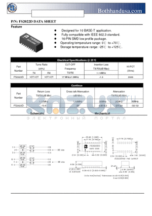 FS2022D datasheet - 10 BASE-T ETHERNET SMD FILTER APPLY TO GENERIC IC