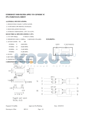 FS2025 datasheet - ETHERNET SMD FILTER APPLY TO GENERIC IC