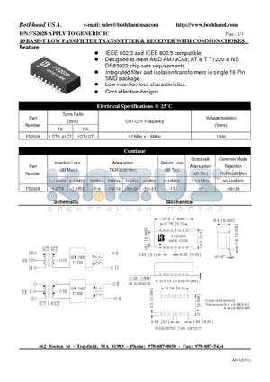 FS2028 datasheet - 10 BASE-T LOW PASS FILTER TRANSMITTER & RECEIVER WITH COMMON CHOKES