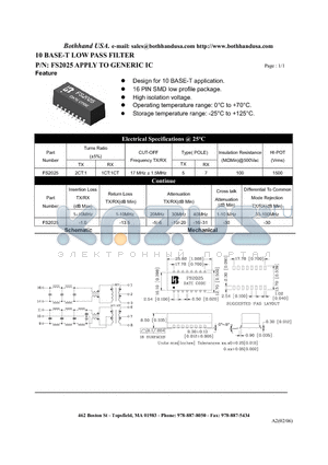 FS2025 datasheet - 10 BASE-T LOW PASS FILTER