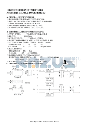 FS2026-1 datasheet - 10 BASE-T ETHERNET SMD FILTER APPLY TO GENERIC IC