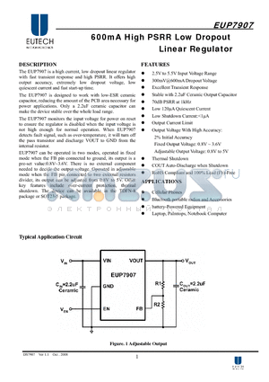 EUP7907 datasheet - 600mA High PSRR Low Dropout Linear Regulator