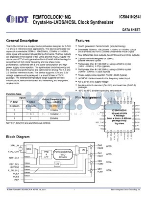 841N254AKILFT datasheet - FEMTOCLOCK^ NG Crystal-to-LVDS/HCSL Clock Synthesizer