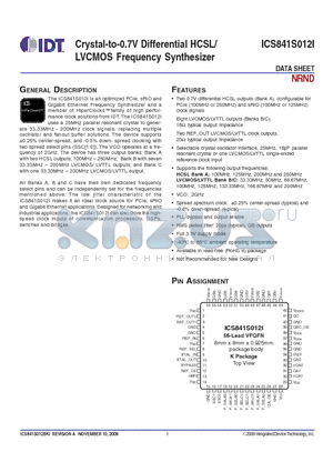 841S012BKILF datasheet - Crystal-to-0.7V Differential HCSL/LVCMOS Frequency Synthesizer