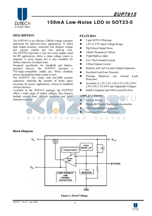 EUP7915-18VIR1 datasheet - 150mA Low-Noise LDO in SOT23-5