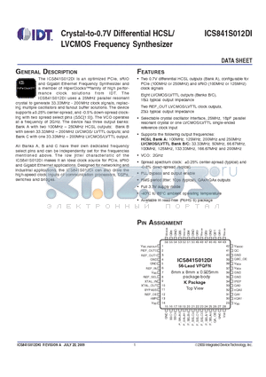 841S012DKILF datasheet - Crystal-to-0.7V Differential HCSL/LVCMOS Frequency Synthesizer