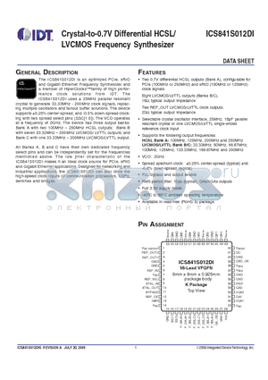 841S012DKILFT datasheet - Crystal-to-0.7V Differential HCSL/LVCMOS Frequency Synthesizer