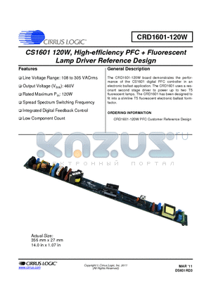 CRD1601-120W datasheet - High-efficiency PFC  Fluorescent Lamp Driver Reference Design