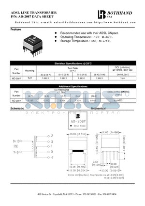 AD-2087 datasheet - ADSL LINE TRANSFORMER