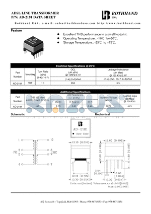 AD-2181 datasheet - ADSL LINE TRANSFORMER