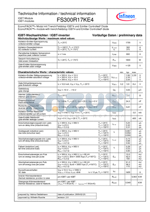 FS300R17KE4 datasheet - EconoPACK module with trench/fieldstop IGBT4 and Emitter Controlledc diode