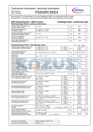 FS300R12KE4 datasheet - EconoPACK  B-series module with trench/fieldstop IGBT4 and optimized EmCon diode