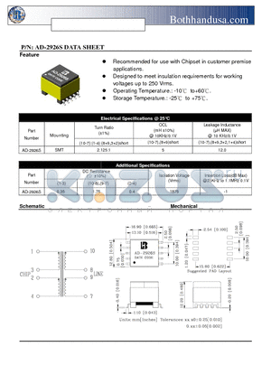 AD-2926S datasheet - ADSL LINE TRANSFORMER