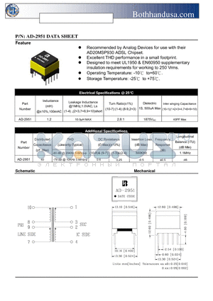 AD-2951 datasheet - ADSL LINE TRANSFORMER