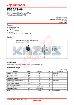 FS30AS-06 datasheet - High-Speed Switching Use Nch Power MOS FET