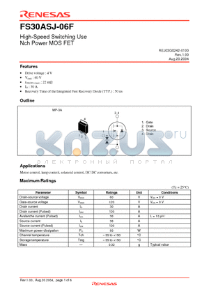 FS30ASJ-06F datasheet - High-Speed Switching Use Nch Power MOS FET