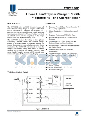 EUP8010D-JIR1 datasheet - Linear Li-Ion/Polymer Charger IC with Integrated FET and Charger Timer